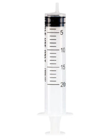 20ml sterile plastic medical syringe with clear barrel and measurement markings