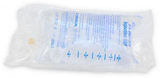 Sterile saline IV solution bag with blue labeling, used for medical and home care.