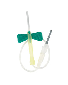Butterfly winged infusion set with safety needle and tubing for IV and blood collection