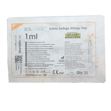SOL-CARE 1ml safety syringe allergy tray 26G x 3/8 inch, sterile, pack of 25 medical syringes