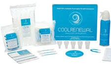 Cryotherapy kit with applicators, spray can, swabs, blue packaging, and instruction cards