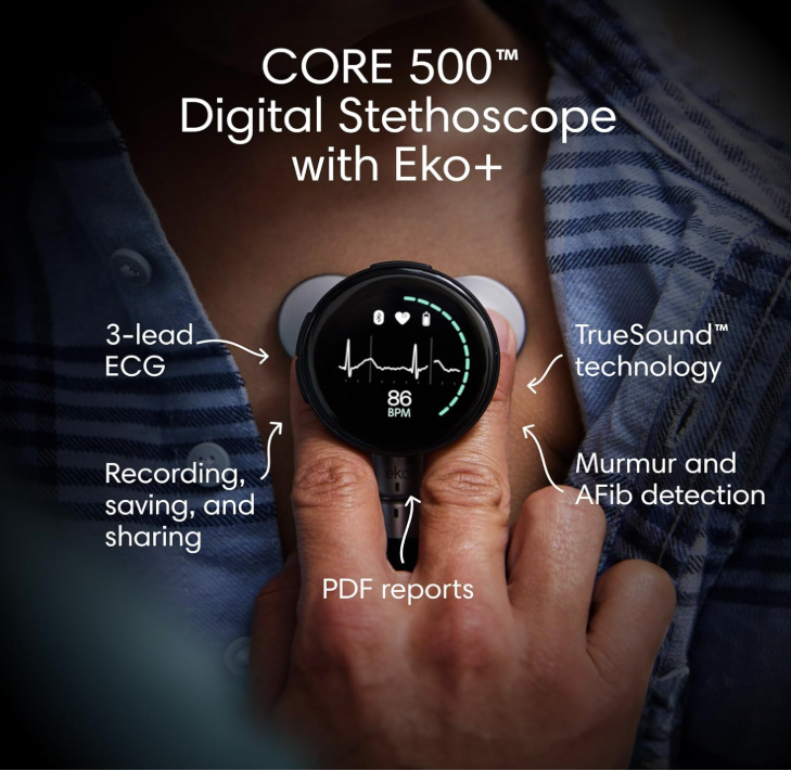 CORE 500 Digital Stethoscope with Eko+ displaying ECG, BPM, murmur & AFib detection for home care monitoring