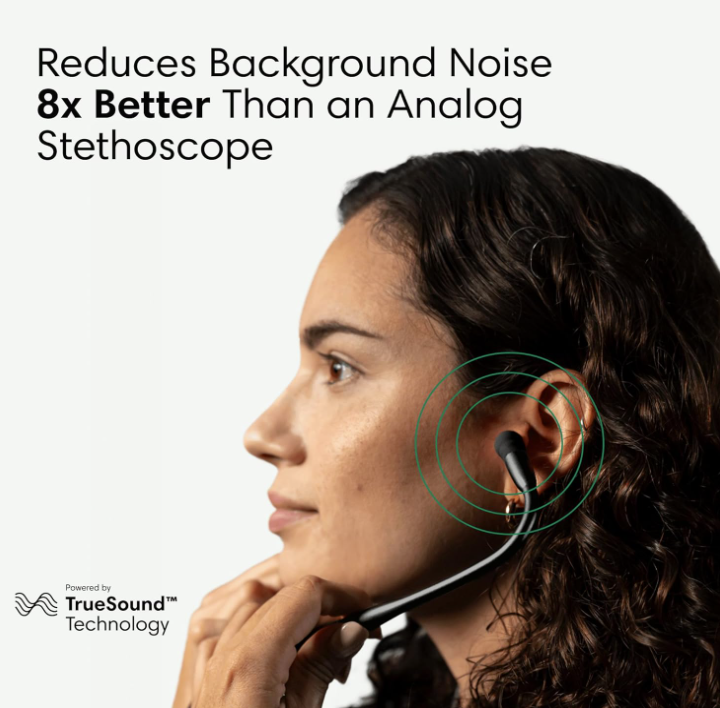Digital stethoscope with TrueSound technology reduces background noise 8x better than analog for clear auscultation
