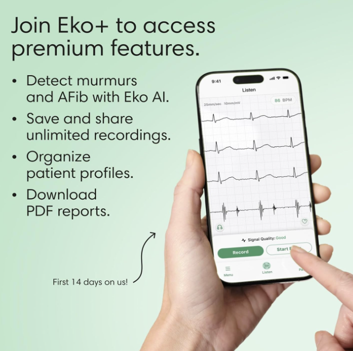 Hand holding smartphone displaying EKG heart rhythm monitor app with AI murmur detection features