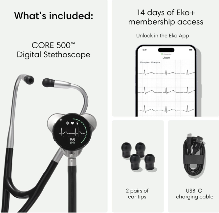 CORE 500 Digital Stethoscope with EKG display, ear tips, USB-C cable, and 14-day Eko+ app access