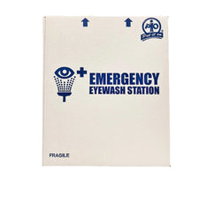 Box labeled emergency eyewash station with blue eye and medical symbols on white background