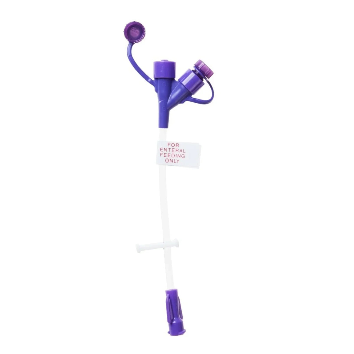 Purple enteral feeding tube adapter with dual ports and label, used for medical nutrition support
