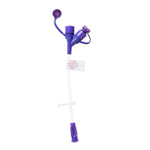 Purple enteral feeding tube adapter with dual ports and label, used for medical nutrition support