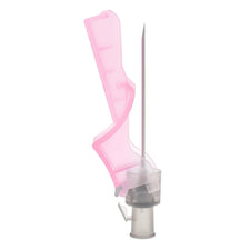 IV safety catheter with pink shield, sharp needle, and medical connector on white background