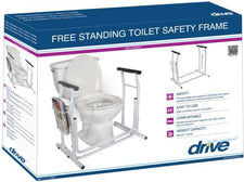 Boxed freestanding toilet safety frame with padded handles for bathroom support and mobility aid.