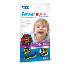 PhysioLogic FeverBugz stick-on fever indicators packaging with child model and bug-shaped thermometers