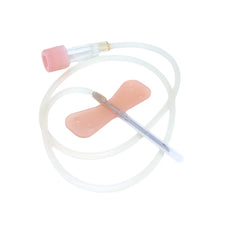 Butterfly infusion set with transparent tubing and pink winged needle for IV access