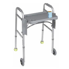 Lightweight folding walker with adjustable legs, front wheels, and a removable tray for mobility aid