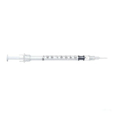 Sterile medical syringe with fine needle and measurement markings on white background