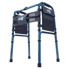 Lightweight folding walker with blue frame and black storage pouches for mobility support