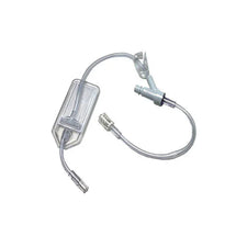 Clear IV extension set with tubing, filter chamber, and connectors on white background
