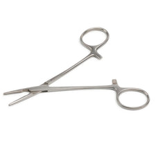 Stainless steel medical forceps with locking handle on white background
