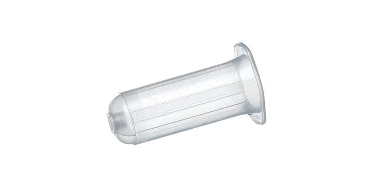 Clear disposable plastic medicine cup with grip, medical supply on white background