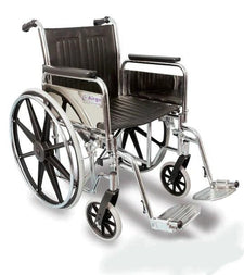 Lightweight manual wheelchair with black seat, chrome frame and footrests for mobility aid