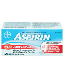 Bayer Aspirin 81mg daily low dose tablets box, 120 enteric coated tablets, preventive therapy