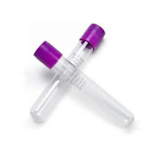 Two empty blood collection tubes with purple caps on a white background, medical supplies