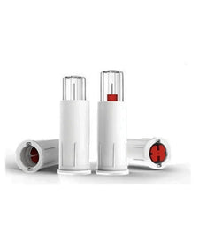 White needle disposal safety device with red indicator for medical sharps protection