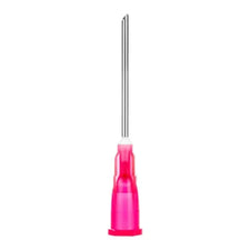 Pink medical hypodermic needle with plastic hub on white background