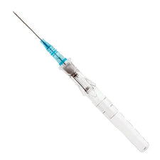 IV catheter with safety needle, clear housing and blue connector on white background