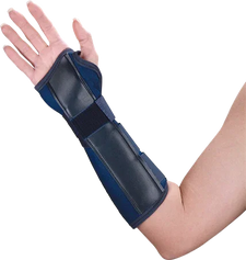Blue medical wrist and forearm brace on left arm for injury support and immobilization