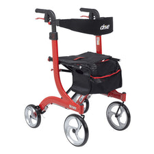 Red lightweight rollator walker with storage pouch and four wheels for mobility aid