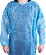 Person wearing a disposable blue medical isolation gown for protective use