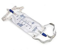Leg urine drainage bag with measurement markings and adjustable white straps for medical care