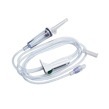 Sterile IV infusion set with clear tubing, drip chamber, and luer lock connector