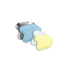 Assorted medical wound dressings in blue, white, and yellow on a white background