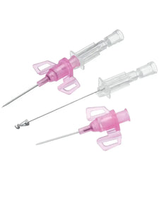 Sterile pink IV catheters with safety wings for medical and home care use, isolated on white