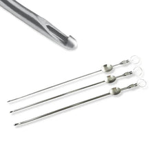 Three stainless steel ear curettes with oval tips for medical ear cleaning