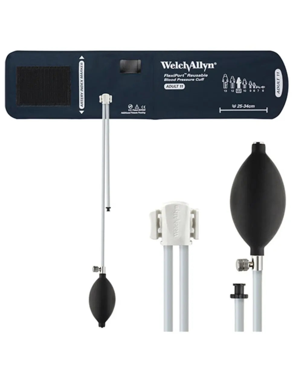Welch Allyn FlexiPort 1-Piece Inflation System | 2 Tube With Bulb and Valve | Size 11 Adult (25-34cm) | REUSE-11-2BV