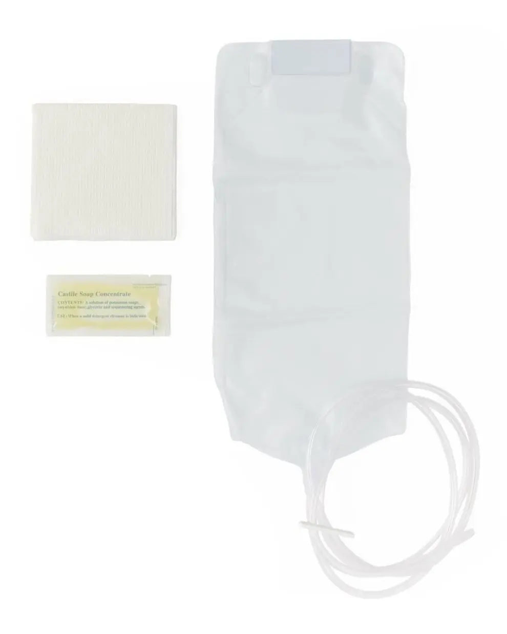Medical enema kit with plastic bag, clear tubing, cleansing soap packet, and washcloth