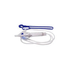 IV administration set with tubing and blue flow regulator for medical fluid delivery