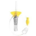 IV catheter with needle, yellow hub, and safety cover for medical and home care use