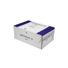 BD PosiFlush XS 3mL box for medical flushing syringes, white and purple packaging