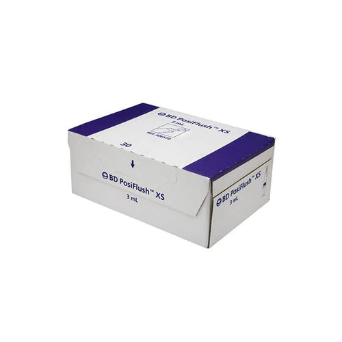 Box of BD PosiFlush XS 3mL syringes for medical and home care supply