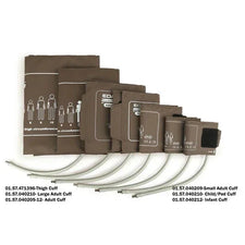 Assorted brown blood pressure cuffs for thigh, adult, child, and infant with attached tubes.