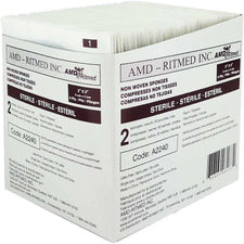 Box of AMD-Ritmed sterile non-woven sponges, 2x2 inch, 4 ply, medical wound care supplies