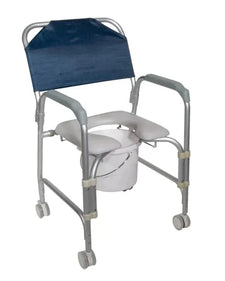 Adjustable rolling commode chair with padded seat, armrests, and removable bucket for home care
