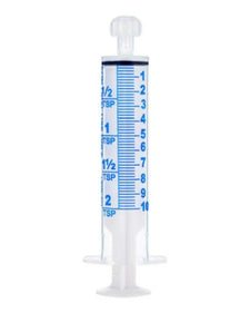 Clear plastic oral syringe with blue measurement markings, isolated on white background