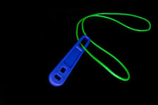 Blue plastic door opener tool with green lanyard on black background, hygiene accessory