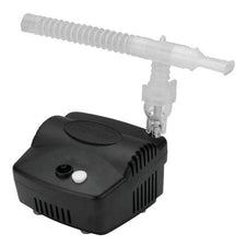 Portable black nebulizer compressor with attached clear tubing for respiratory care