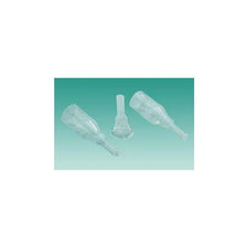 three transparent male external urinary catheters on a green background