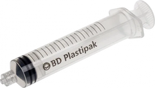 BD Plastipak disposable medical syringe with clear body and black plunger, volume markings visible